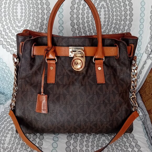 Michael Kors Hamilton Est/West Brown Logo Satchel Purse Bag - Picture 1 of 16